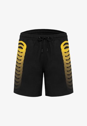 Pantaloni da nuoto neri con un motivo grafico giallo strutturato su un lato, dotati di una vita elastica con cordino.