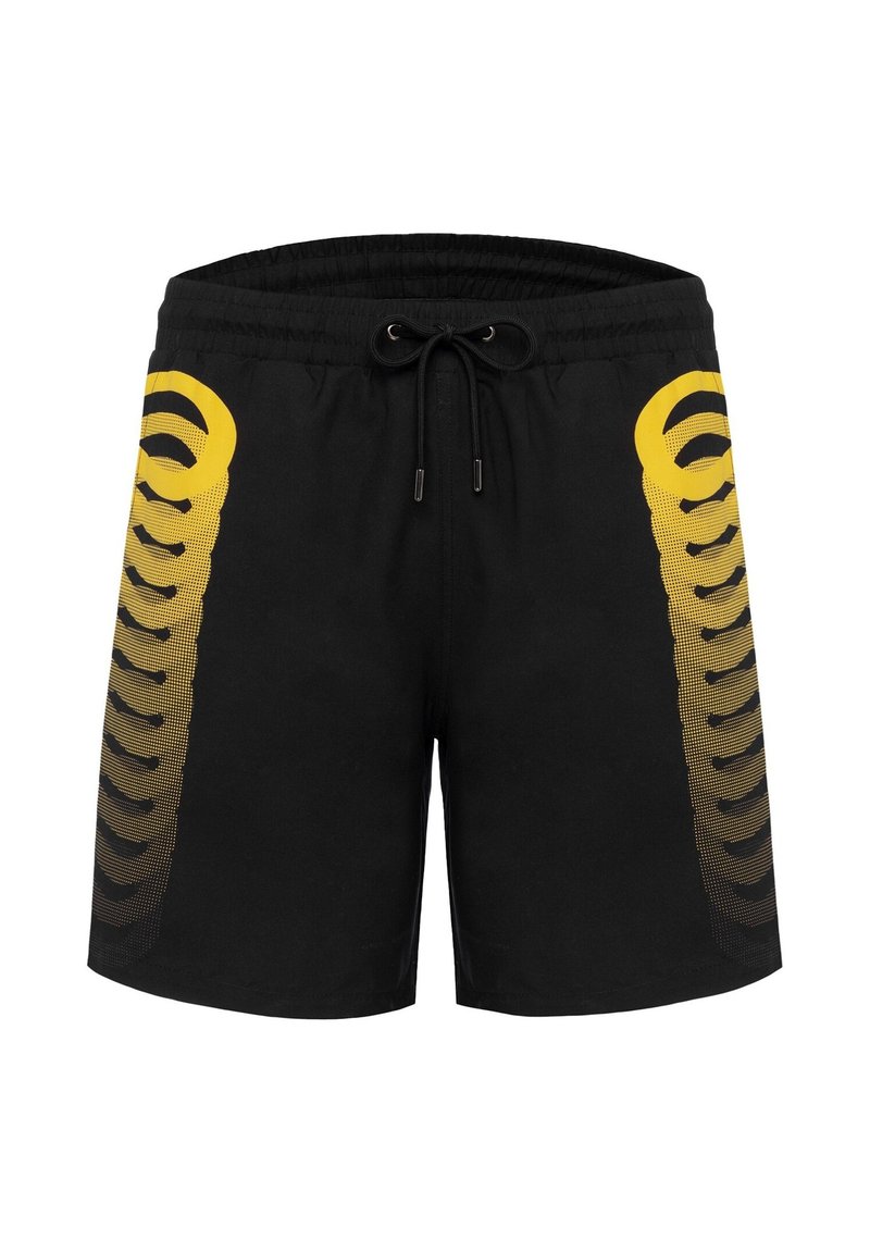 Pantaloni da nuoto neri con un motivo grafico giallo strutturato su un lato, dotati di una vita elastica con cordino.
