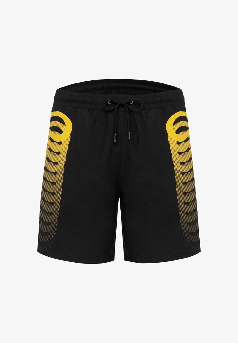 Pantaloni da nuoto neri con un motivo grafico giallo strutturato su un lato, dotati di una vita elastica con cordino.