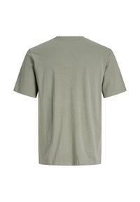 T-shirt z krótkim rękawem w jasnym oliwkowym kolorze. Wykonany z miękkiego materiału, z okrągłym dekoltem i luźnym krojem. Gładka faktura, bez wzorów lub akcentów.