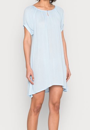 Light blue, short-sleeve dress with a round neck and a keyhole detail. Made from a soft, lightweight fabric featuring a loose, flowing fit.