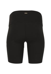 Sorte atletiske shorts med en glat tekstur, bredtalje og uden synlige lommer. Fremstillet af strækbart stof for komfort og bevægelighed.