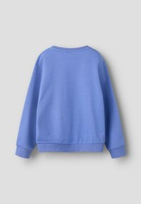 Felpa blu realizzata in tessuto morbido, con scollo rotondo, maniche lunghe e orlo a coste. Texture liscia con leggero lucido.