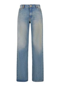 Hellblaue, hoch geschnittene Jeans aus Denim. Gerade, weite Beine mit einem verwaschenen Finish, ausgestattet mit fünf Taschen und einem Knopfverschluss.