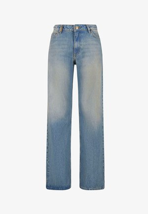 Jeans di denim azzurri, a vita alta. Gamba dritta larga con finitura sbiadita, dotati di cinque tasche e chiusura con bottone.
