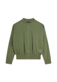Giacca bomber verde oliva con zip frontale, orlo e polsini a costine. Presenta un sottile iscrizione 'MOTION IS A THERAPY' sul maniche sinistra.