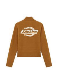 Brown knitted sweater with a ribbed collar and cuffs. Features a large white logo on the back. Textured fabric with a cropped design.