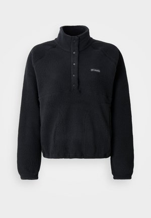 Zwarte fleece pullover met drukknoopkraag en Columbia-logo op de linkerborst, met lange mouwen en een gezellige, textuurstof.