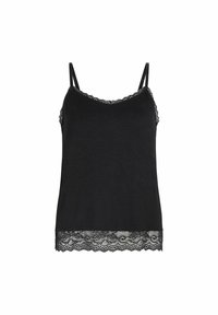 Camisola nera con spalline sottili regolabili, scollatura arrotondata e un elegante pizzo decorativo lungo l'orlo. Realizzata in un tessuto morbido per il massimo comfort.