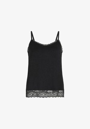 Camiseta negra de tirantes delgados ajustables, con escote redondeado y un borde decorativo de encaje en el dobladillo. Hecha de una tela suave para mayor comodidad.