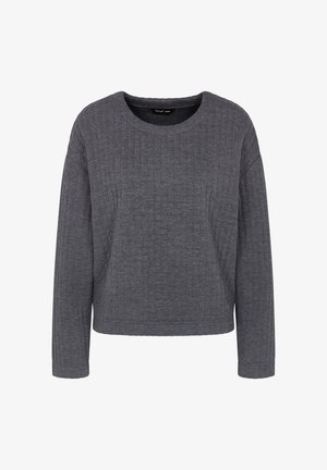 Gray, ribbed pullover with a round neck and long sleeves. Soft texture and relaxed fit, suitable for casual wear. No visible hardware details.