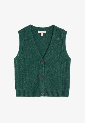 Chaleco de punto verde con escote en V, que presenta un patrón texturizado, dobladillo acanalado y tres botones marrones en la parte delantera.