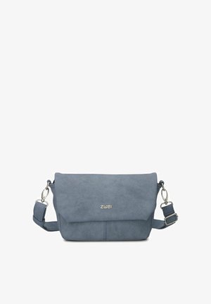 Blaue Umhängetasche mit Klappverschluss, verstellbarem Riemen und silberner Hardware, mit kleinem "zwei"-Logo in der vorderen Mitte.