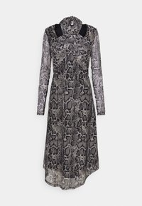 Robe midi à manches longues avec motif peau de serpent noir et gris, ourlet asymétrique et col haut avec découpes aux épaules.