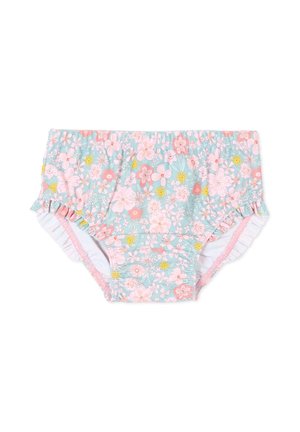 Bloomersy w rozmiarze dla maluchów z kwiatowym nadrukiem w różowe, żółte i białe kwiaty na jasnoniebieskim tle oraz z falbankami przy otworach na nogi.
