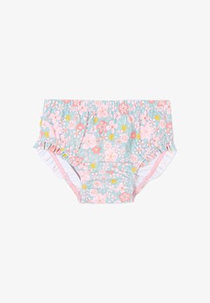 Mutandine fantasia floreale taglia toddler con fiori rosa, gialli e bianchi su sfondo azzurro chiaro e aperture delle gambe arricciate.