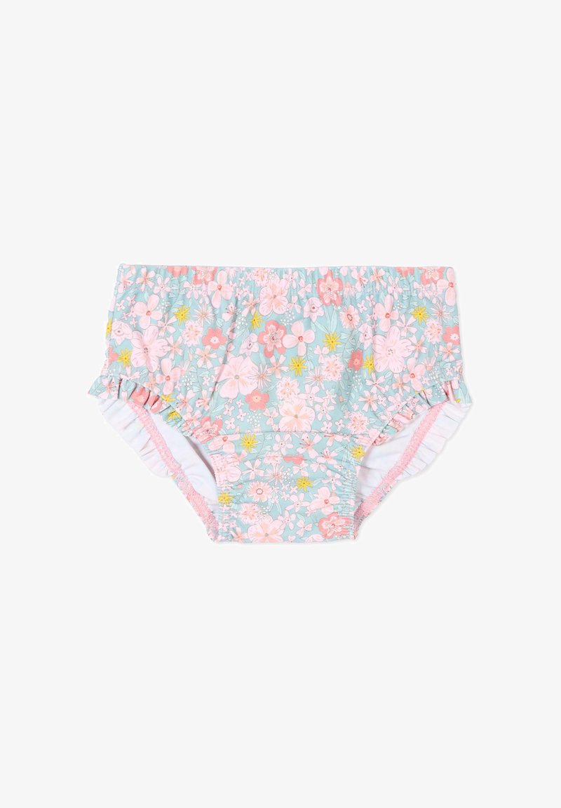 Bloomersy w rozmiarze dla maluchów z kwiatowym nadrukiem w różowe, żółte i białe kwiaty na jasnoniebieskim tle oraz z falbankami przy otworach na nogi.