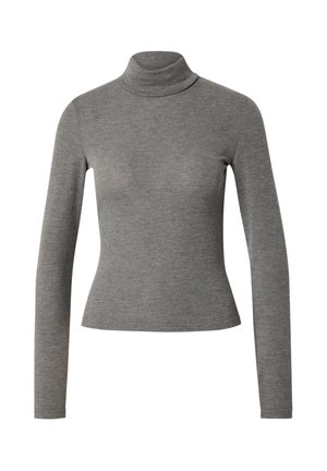 Grauer Rollkragenpullover mit langen Ärmeln, aus einem gerippten Strickstoff; taillierte Passform mit glatter Textur und dezentem Glanz.