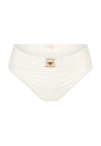 Witte bikinionderkant met een geplooid ontwerp, voorzien van een metallic accent aan de voorkant, afgewerkt met een gouden edelsteen en een gladde textuur.