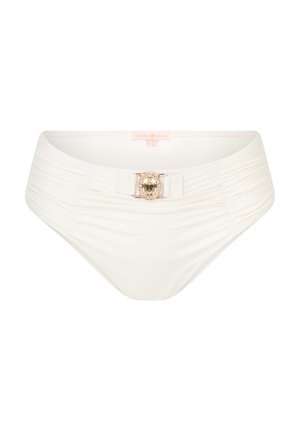 Slip di bikini bianco con design arricciato, dotato di un accento metallico nella parte anteriore, decorato con una gemma dorata e una texture liscia.