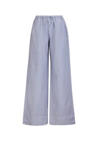 Lichtblauwe wijde linnen broek. Voorzien van een elastische tailleband en zijzakken. Gladde textuur met gestikte zoomdetails.
