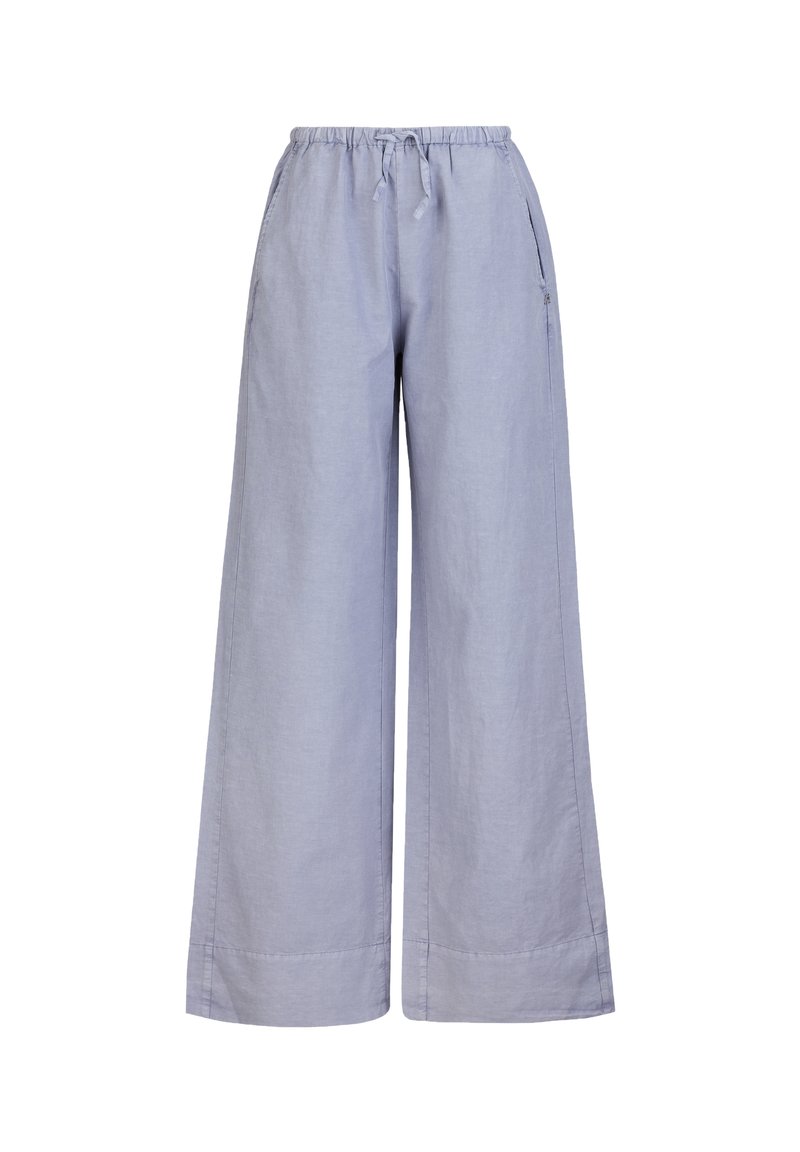 Lichtblauwe wijde linnen broek. Voorzien van een elastische tailleband en zijzakken. Gladde textuur met gestikte zoomdetails.