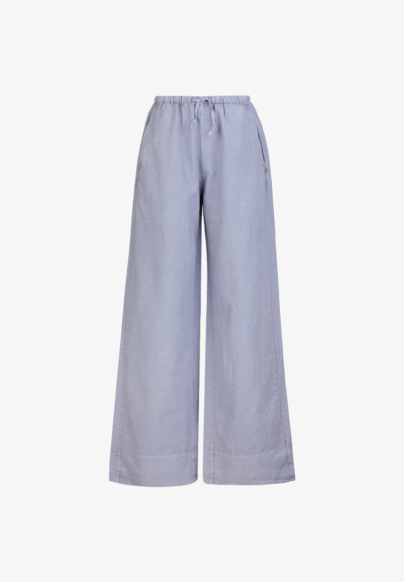 Lichtblauwe wijde linnen broek. Voorzien van een elastische tailleband en zijzakken. Gladde textuur met gestikte zoomdetails.