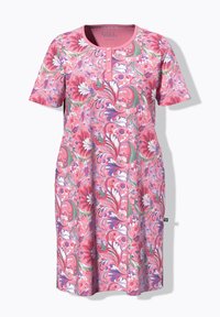 Robe rose à manches courtes avec motif floral et tourbillons multicolores, encolure ronde avec trois boutons, longueur au genou.