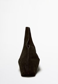 Dark brown suede bag featuring a streamlined shape, a pronounced seam detail, and a single top handle. Smooth texture and minimalist design.