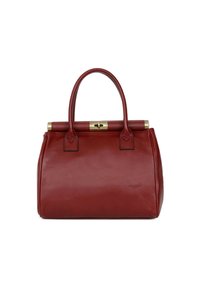 Borsa a mano in pelle rossa con due manici arrotondati, chiusura in oro, forma strutturata e superficie liscia. Nessun logo o motivo visibile.