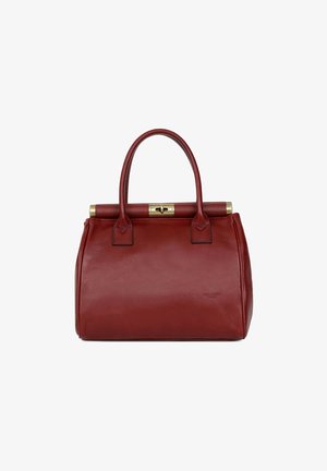 Red leather handbag with two rounded handles, gold clasp hardware, structured shape, and smooth texture. No visible logos or patterns.
