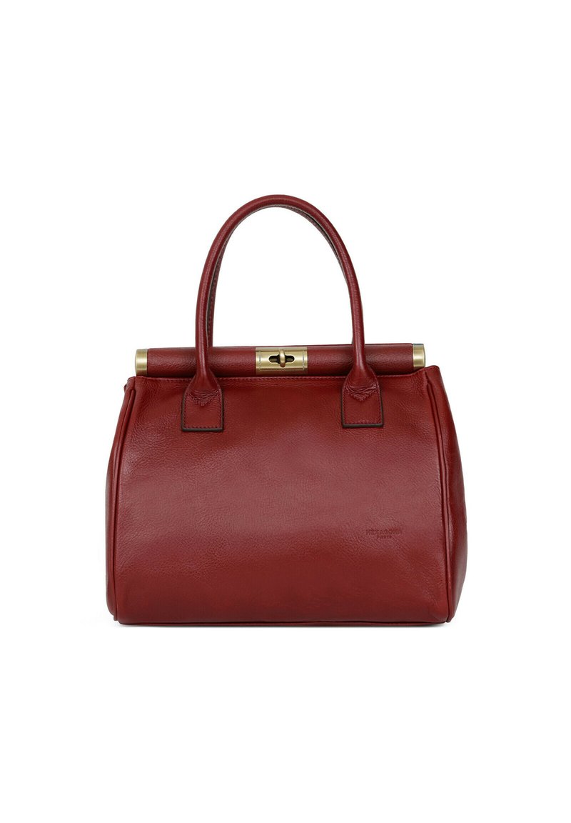 Borsa a mano in pelle rossa con due manici arrotondati, chiusura in oro, forma strutturata e superficie liscia. Nessun logo o motivo visibile.
