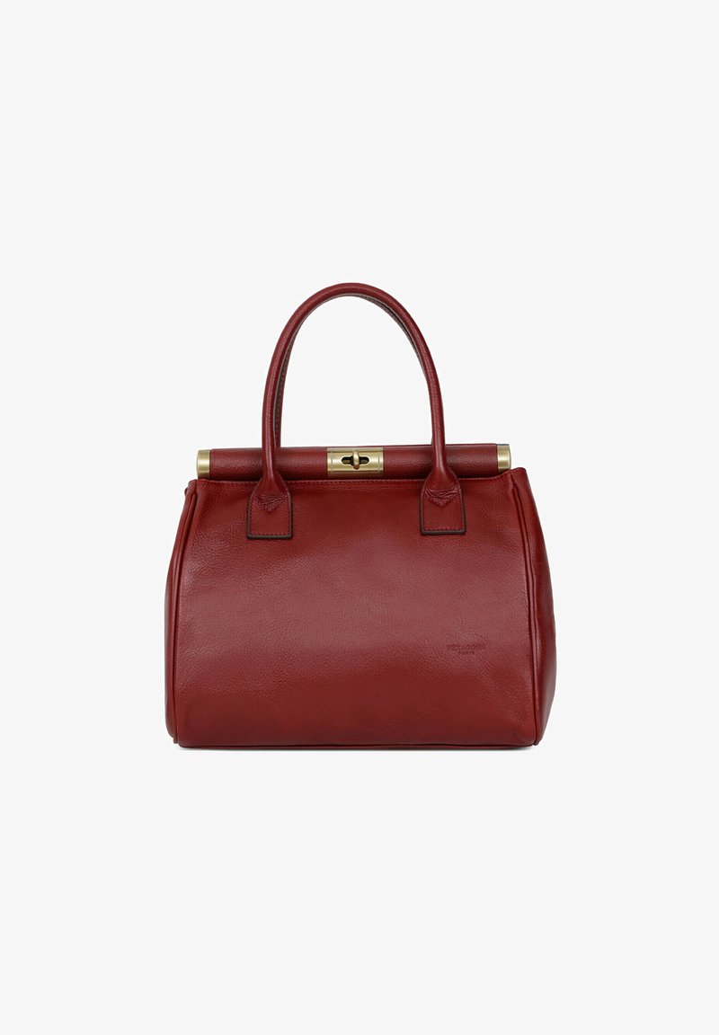 Rode leren handtas met twee ronde handvatten, gouden sluiting, gestructureerde vorm en een scherpe textuur. Geen zichtbare logos of patronen.