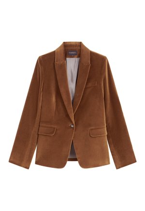 Blazer in velluto marrone con rever a punta, due tasche frontali, chiusura con un bottone e foderato in modo liscio. Design classico e su misura.