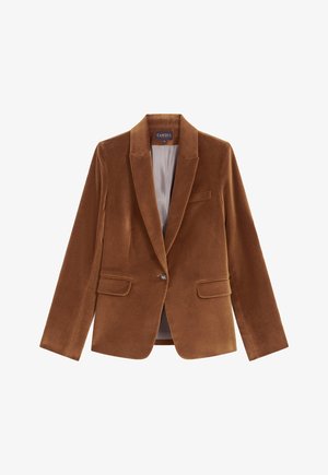 Blazer en velours marron avec revers crantés, deux poches avant, fermeture à un bouton et doublure lisse. Design classique et ajusté.