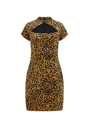 Sukienka w panterkę z krótkimi rękawami, wysokim dekoltem i wycięciem w kształcie klucza. Wykonana z miękkiej, teksturowanej tkaniny w odcieniach brązu i czerni.