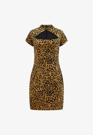 Sukienka w panterkę z krótkimi rękawami, wysokim dekoltem i wycięciem w kształcie klucza. Wykonana z miękkiej, teksturowanej tkaniny w odcieniach brązu i czerni.