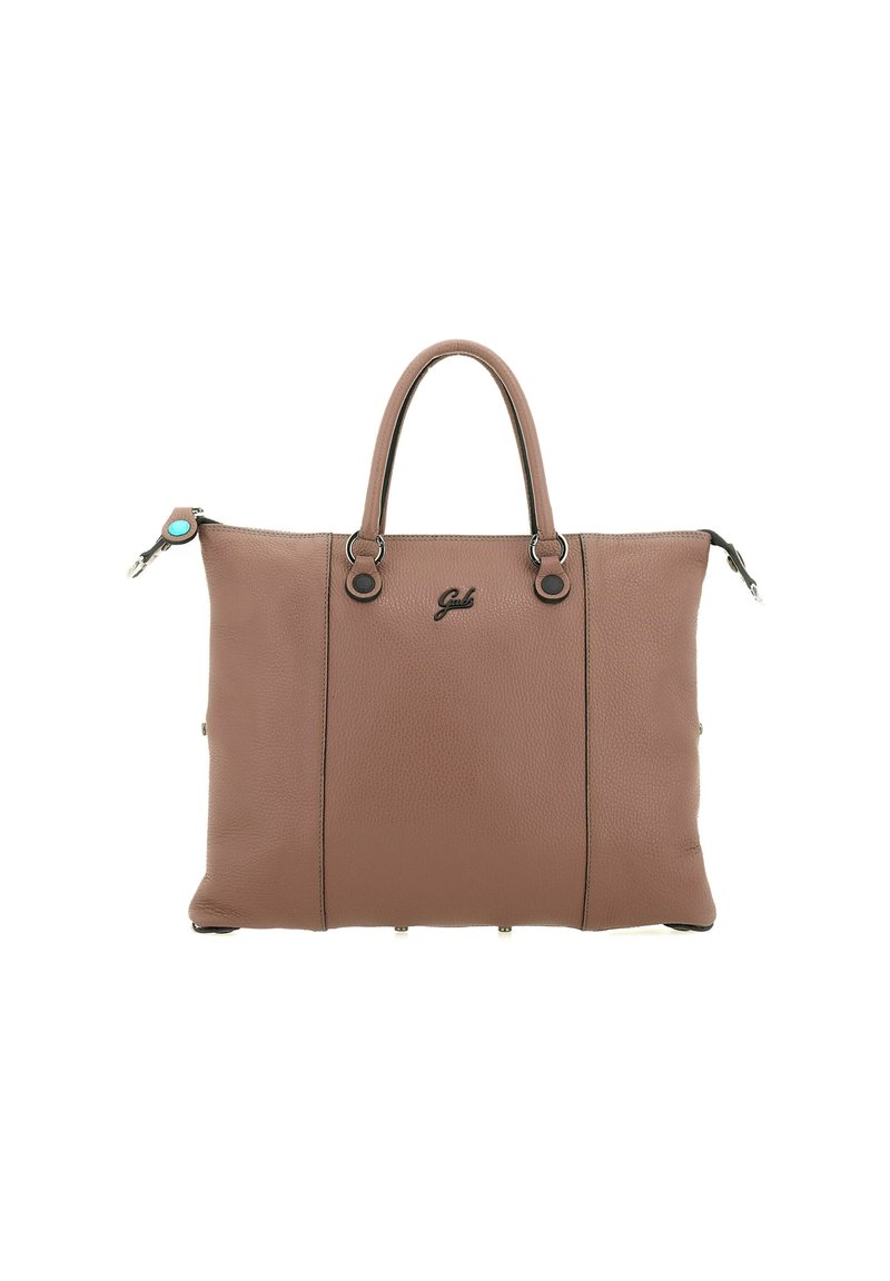 Borsa a tracolla in pelle marrone con texture a ciottoli, forma rettangolare, manici superiori e chiusura zip. Presenta un logo e accessori decorativi in metallo.