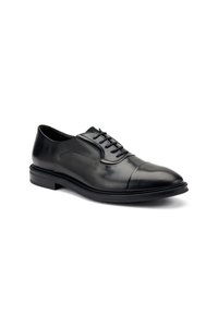 Scarpe eleganti in pelle nera con punta rotonda, design allacciato e superficie liscia. Presentano un pannello in pelle opaca a contrasto sulla tomaia.