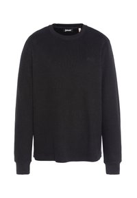 Sweatshirt noir à manches longues avec col rond, en coton, doté de poignets côtelés et d'un logo discret sur la poitrine, présentant une texture lisse.