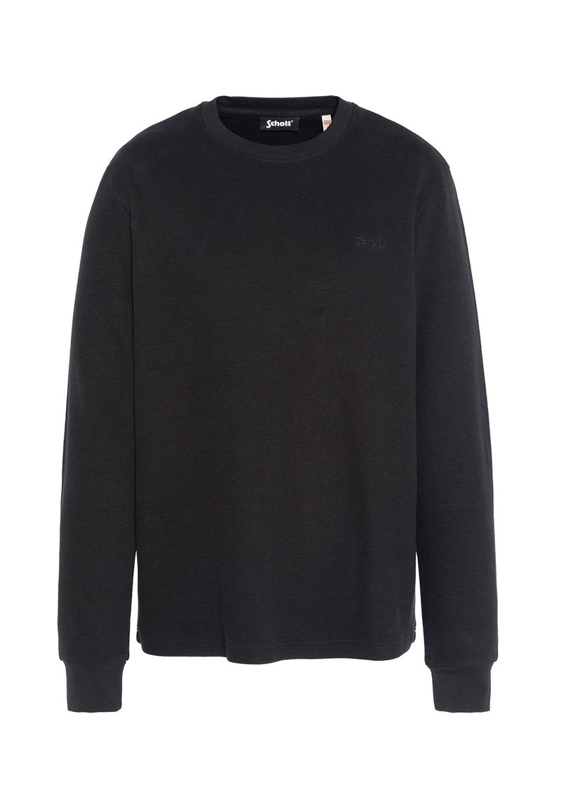 Sweatshirt noir à manches longues avec col rond, en coton, doté de poignets côtelés et d'un logo discret sur la poitrine, présentant une texture lisse.