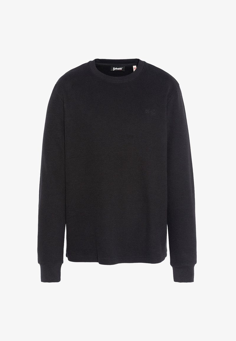 Sweatshirt noir à manches longues avec col rond, en coton, doté de poignets côtelés et d'un logo discret sur la poitrine, présentant une texture lisse.