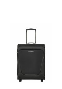 Black soft-shell suitcase with extendable handle, two wheels, front zipper pocket, and "travelite" logo centered on front panel.