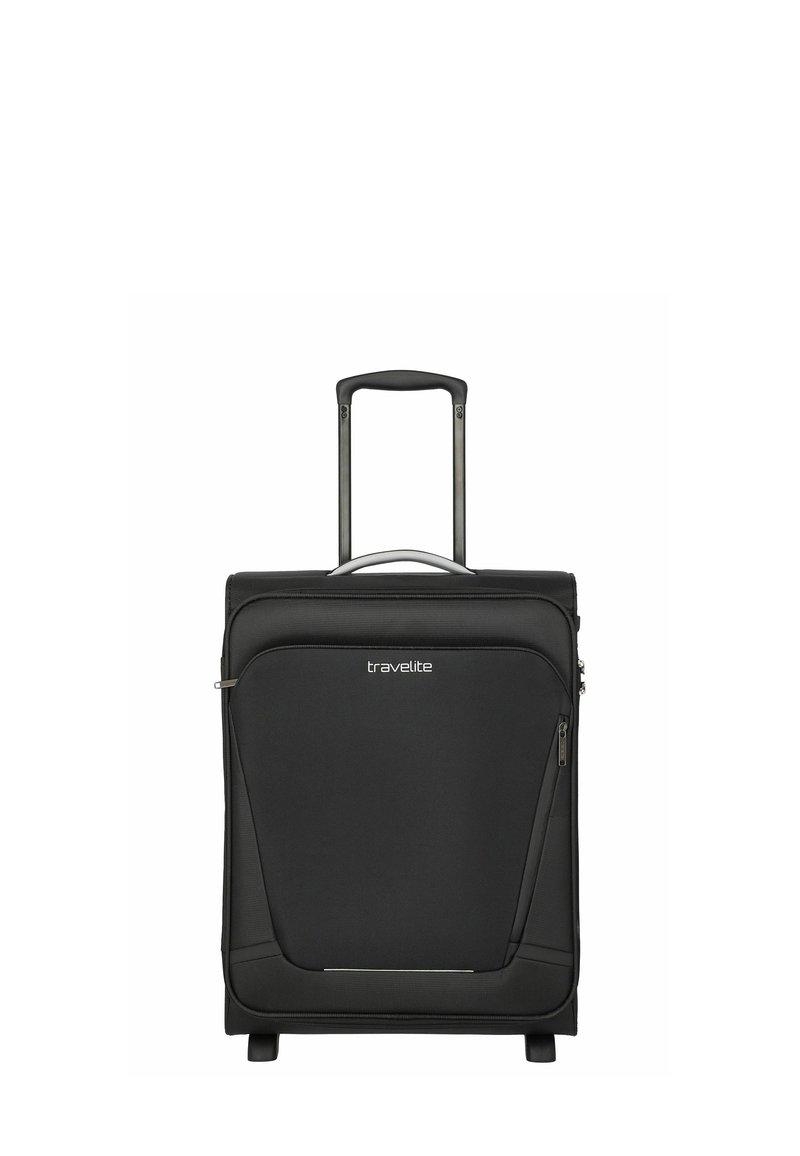 Black soft-shell suitcase with extendable handle, two wheels, front zipper pocket, and "travelite" logo centered on front panel.