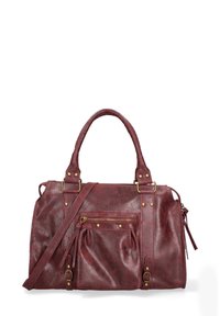 Borsa a tracolla in pelle color marrone con due manici, tracolla regolabile, borchie decorative e una tasca con zip frontale. Presenta una superficie testurizzata.