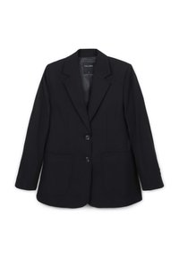 Blazer nero con design sartoriale, rever a punta, due tasche frontali e due bottoni. Tessuto liscio con un leggero lucido.