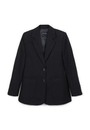 Blazer noir au design ajusté, avec revers crantés, deux poches avant et deux boutons. Tissu lisse avec un léger brillant.