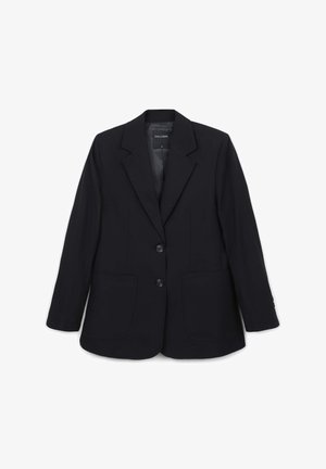 Schwarzer Blazer mit tailliertem Design, Reverskragen, zwei Vorder-taschen und zwei Knöpfen. Glattes Material mit leichtem Glanz.
