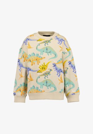 Felpa beige per bambini con dinosauri a fumetti colorati in verde, giallo, viola e arancione stampati su tutta la superficie.