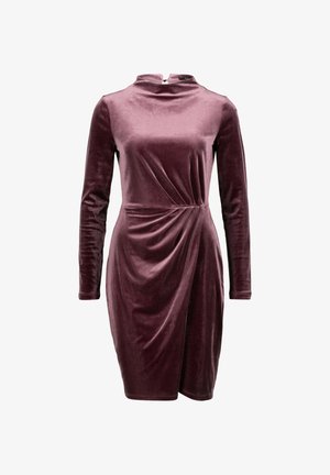 Samettimekko pölyrose väriä, pitkät hihat, korkea kaulus ja sivuvaluma yksityiskohta. Sileä rakenne, istuva siluetti ja epäsymmetrinen helma.